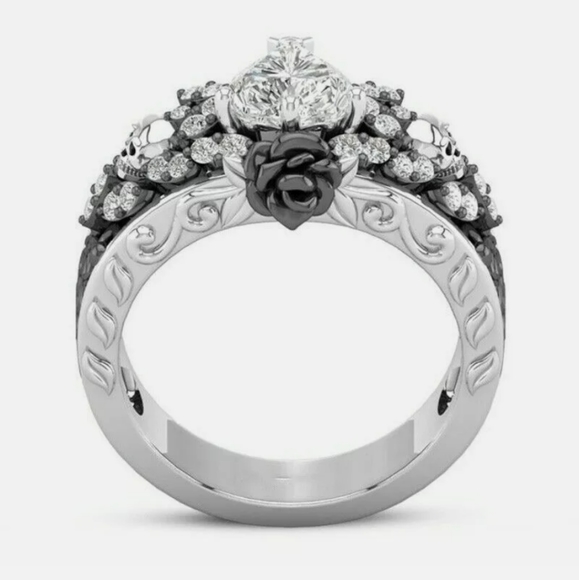 Black and Silver Skull and Rose Ring - Picture 3 of 3